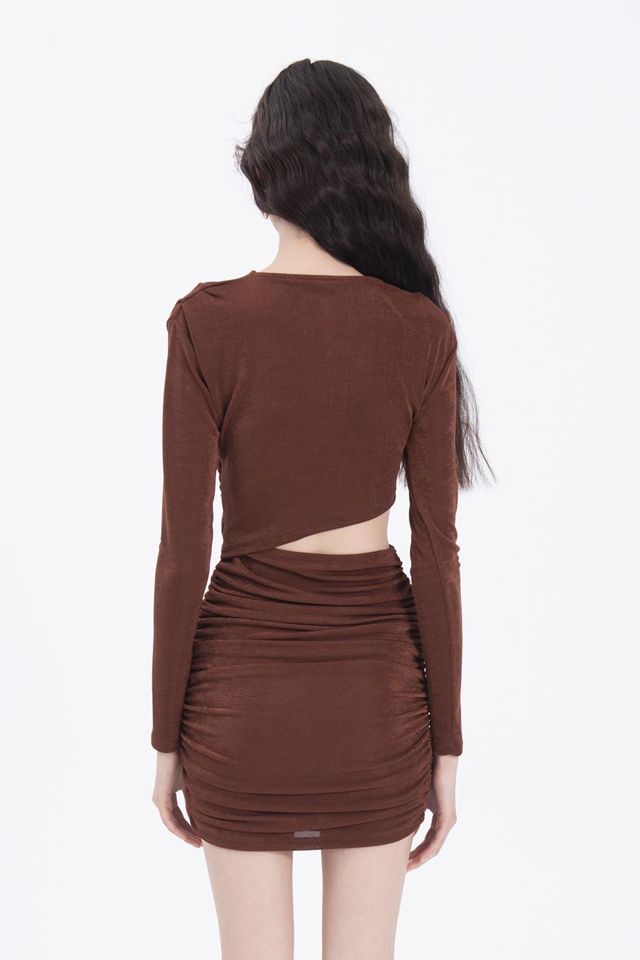 Bayan Kahverengi Drapeli Mini Elbise