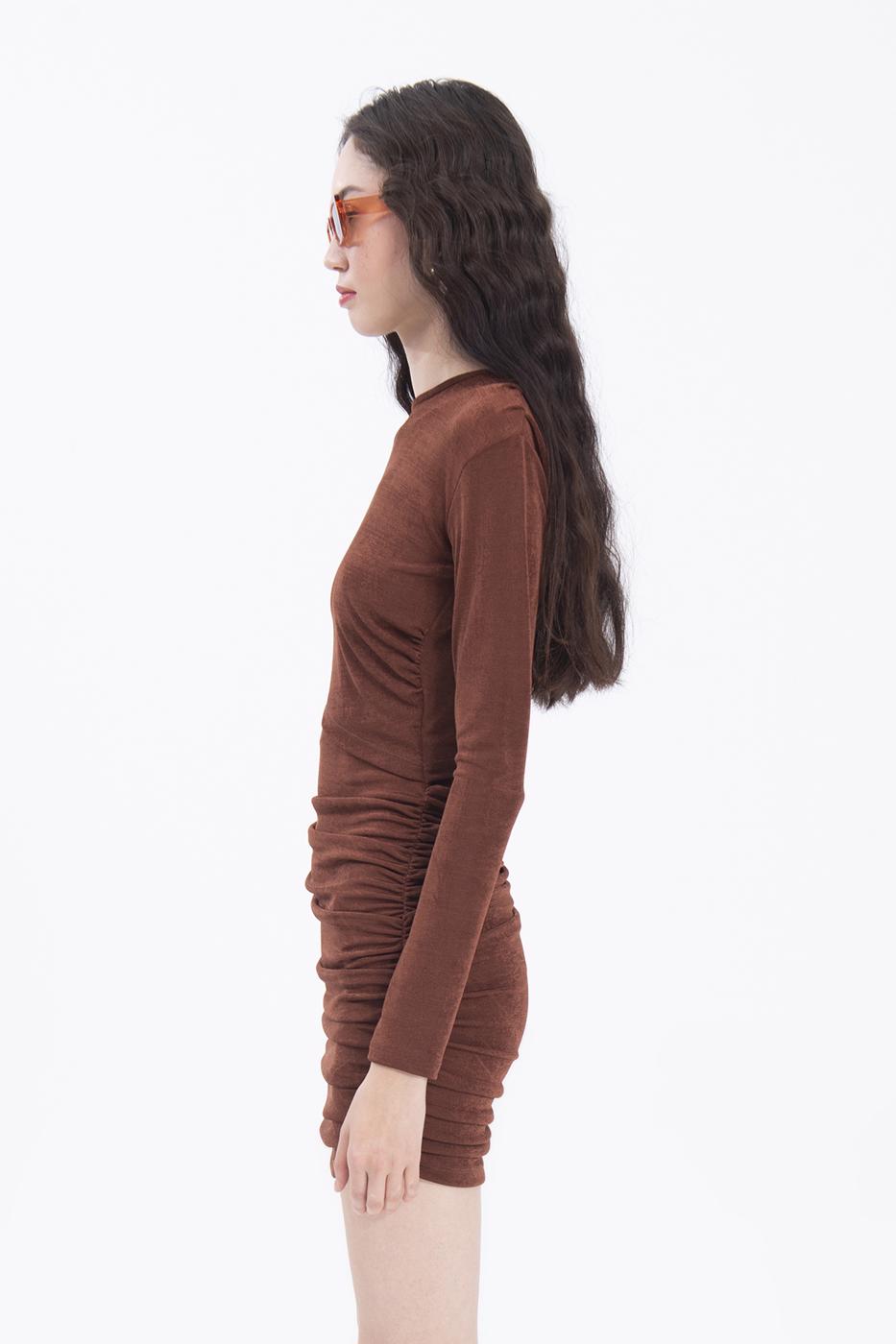 Bayan Kahverengi Drapeli Mini Elbise