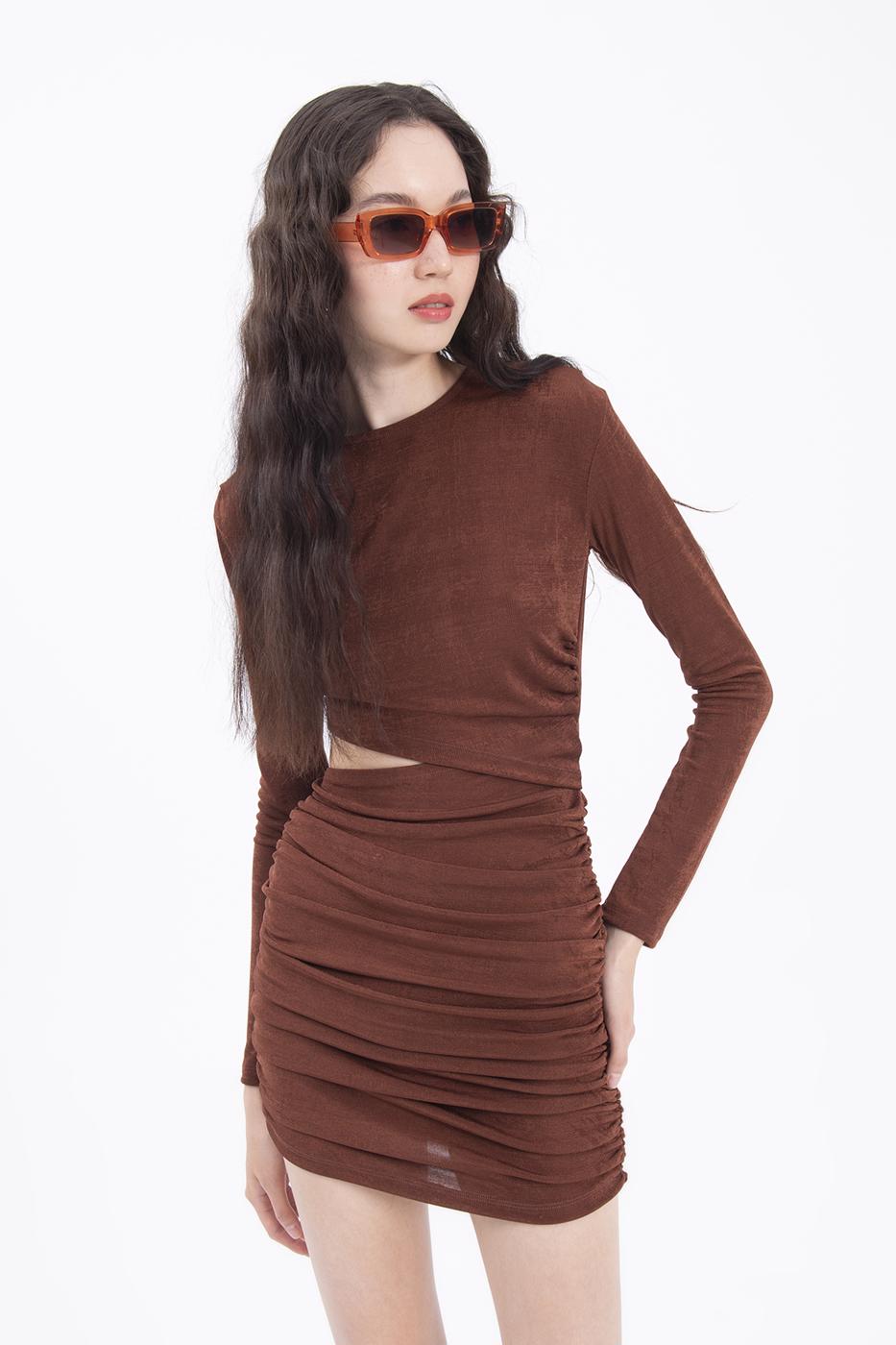 Bayan Kahverengi Drapeli Mini Elbise