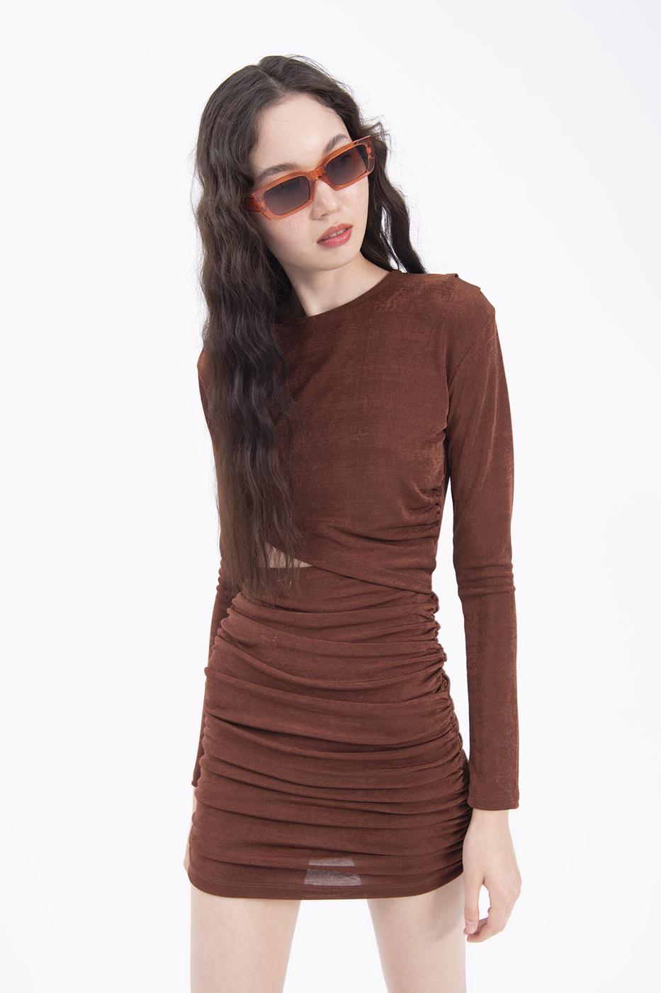 Bayan Kahverengi Drapeli Mini Elbise