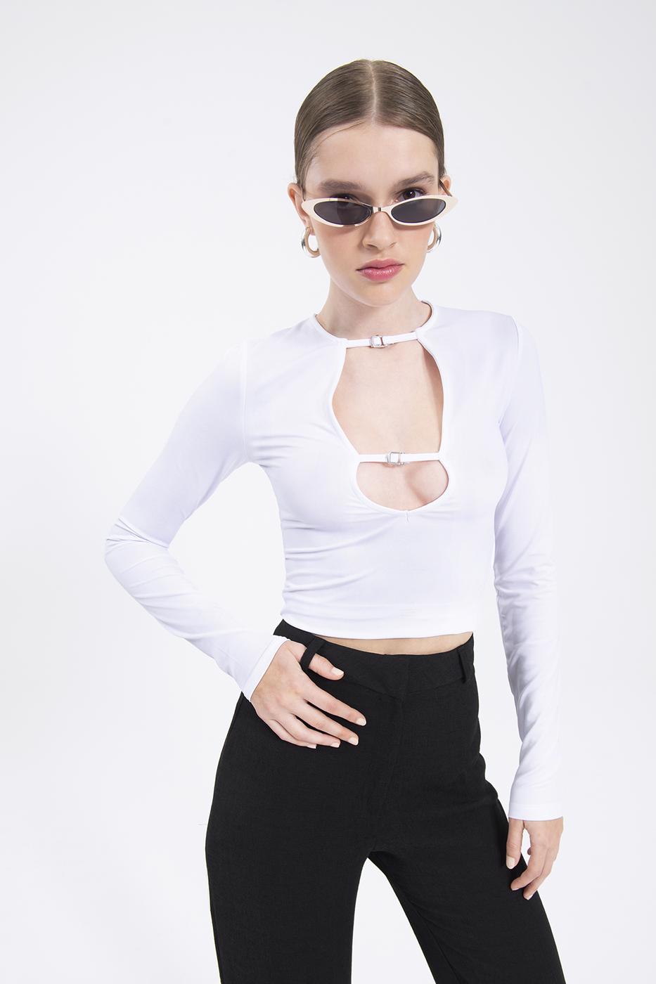 Bayan Beyaz Yaka Dekolteli Top