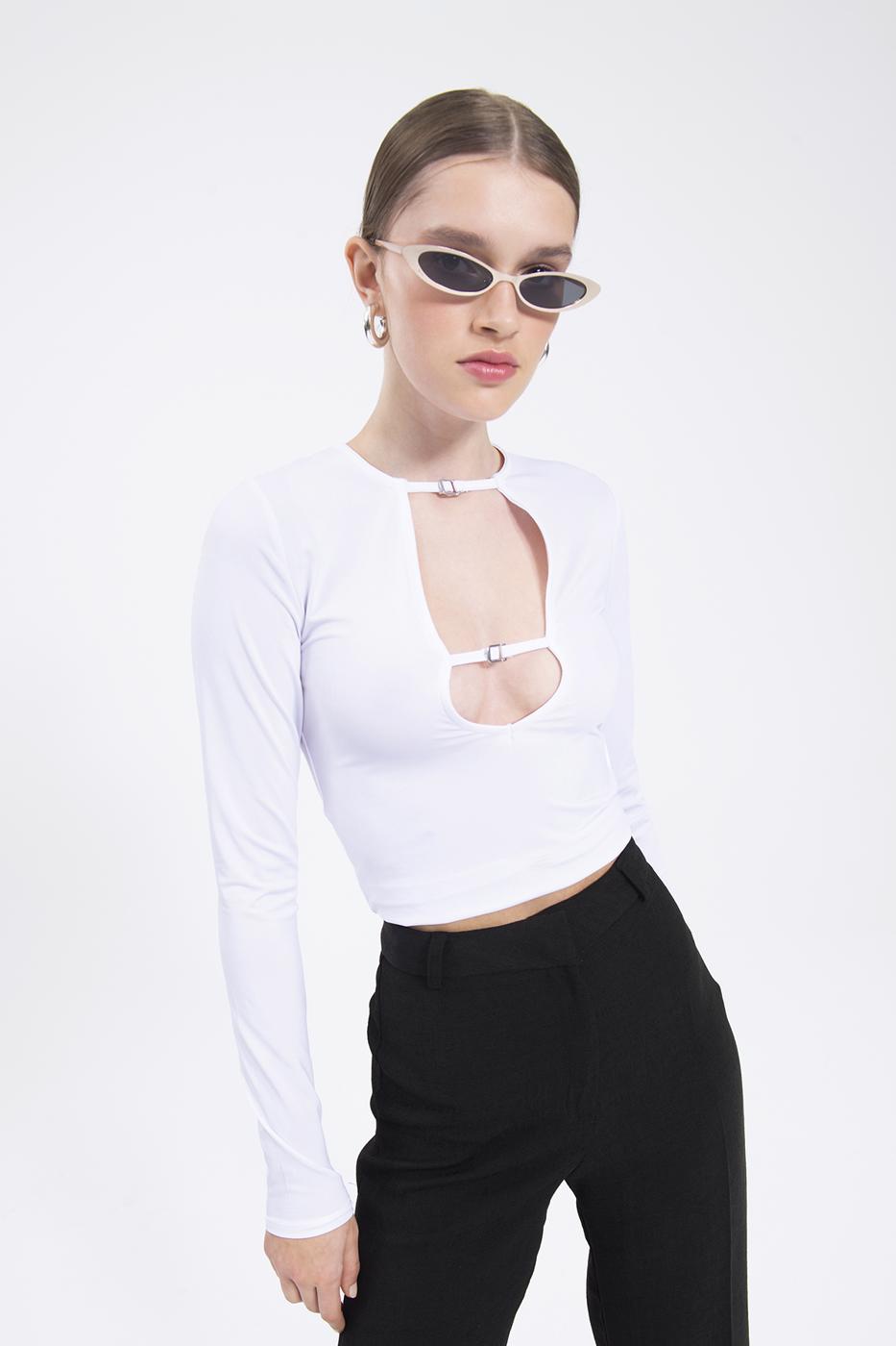 Bayan Beyaz Yaka Dekolteli Top