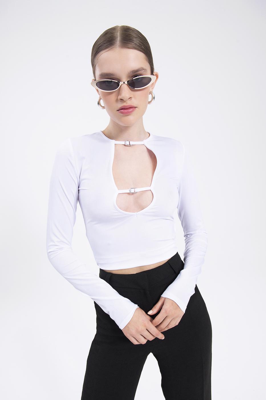 Bayan Beyaz Yaka Dekolteli Top