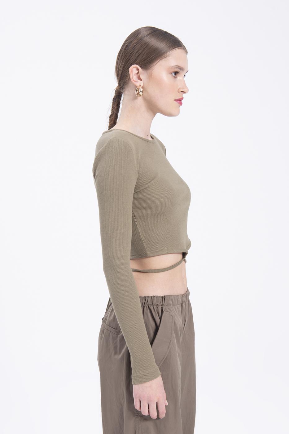 Bayan Haki Uzun Kollu Bağlama Detaylı Crop Body