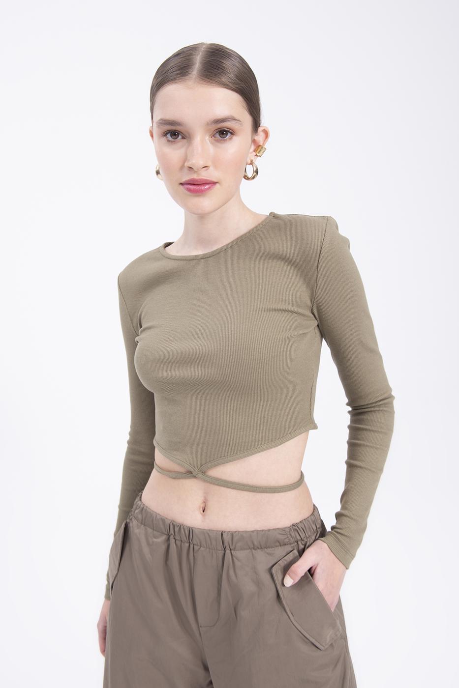 Bayan Haki Uzun Kollu Bağlama Detaylı Crop Body