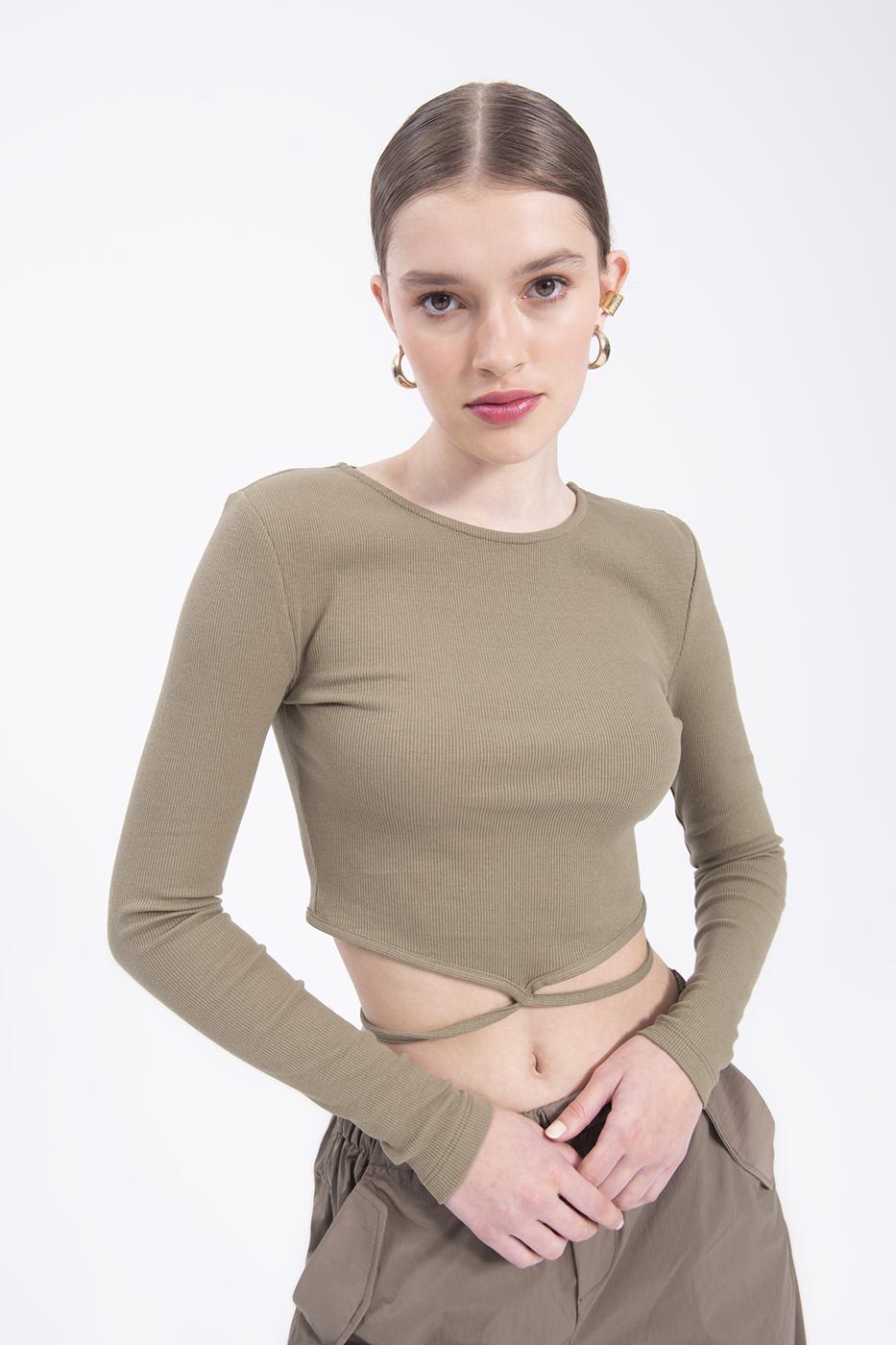 Bayan Haki Uzun Kollu Bağlama Detaylı Crop Body