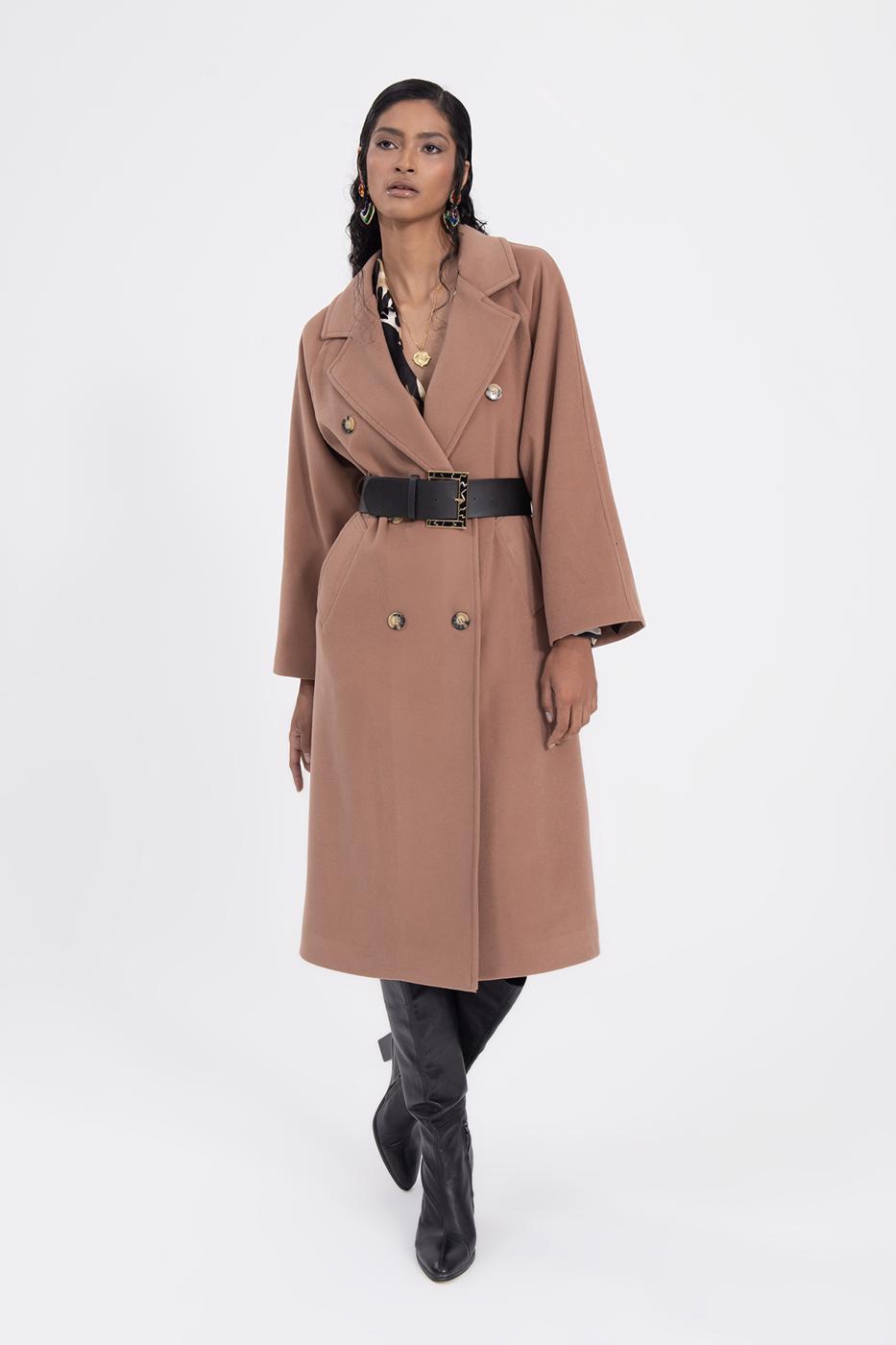 Bayan Kahverengi Ceket Yaka Düğmeli Uzun Kaban