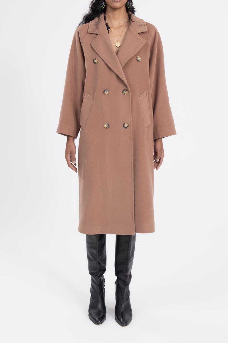 Bayan Kahverengi Ceket Yaka Düğmeli Uzun Kaban