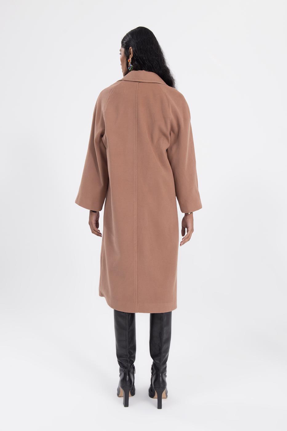 Bayan Kahverengi Ceket Yaka Düğmeli Uzun Kaban
