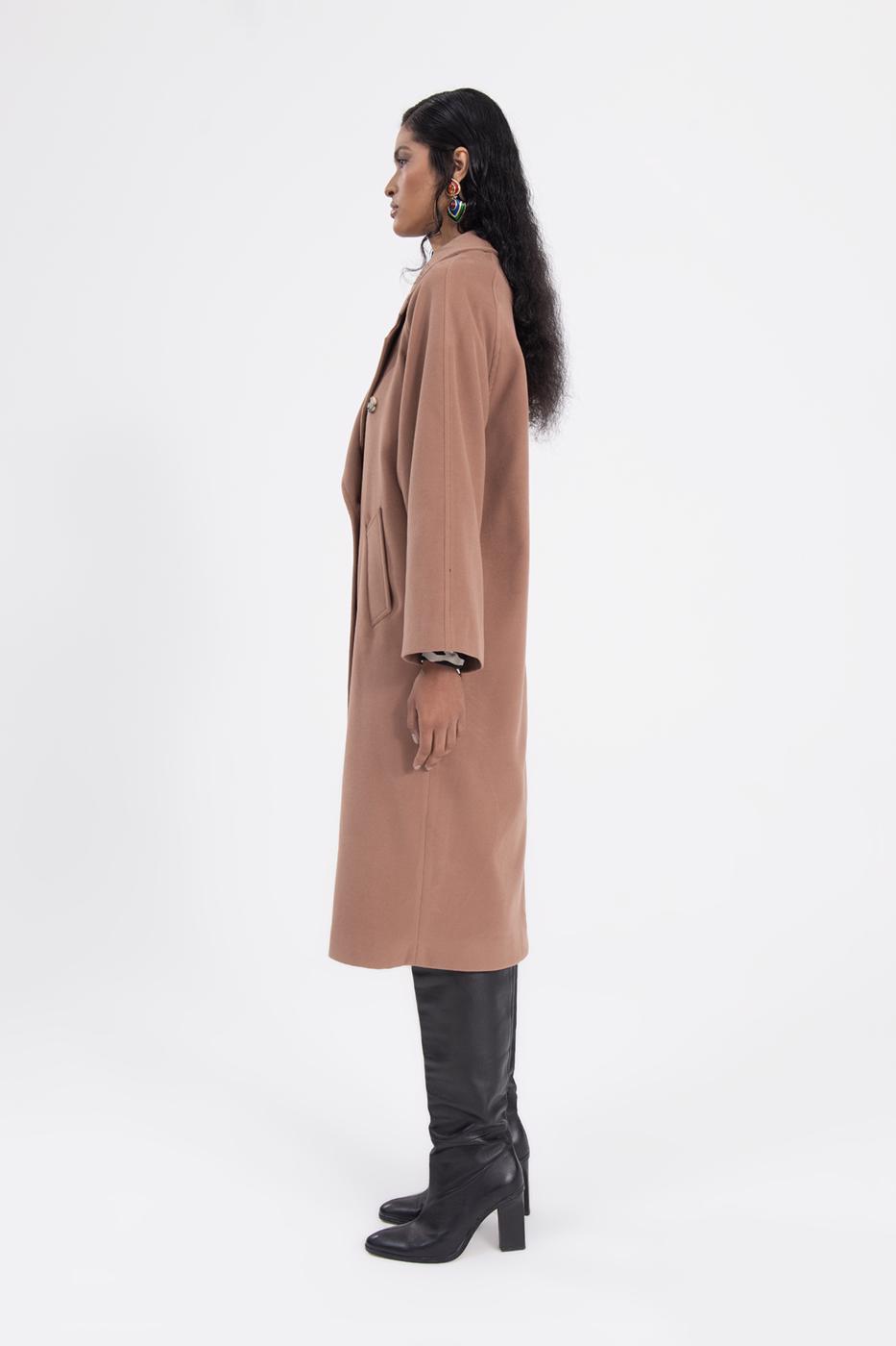 Bayan Kahverengi Ceket Yaka Düğmeli Uzun Kaban