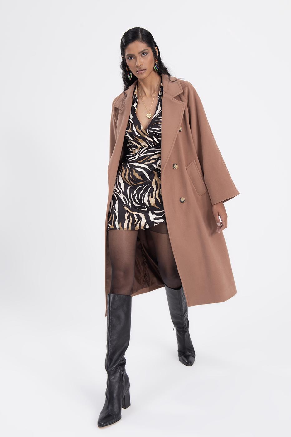 Bayan Kahverengi Ceket Yaka Düğmeli Uzun Kaban