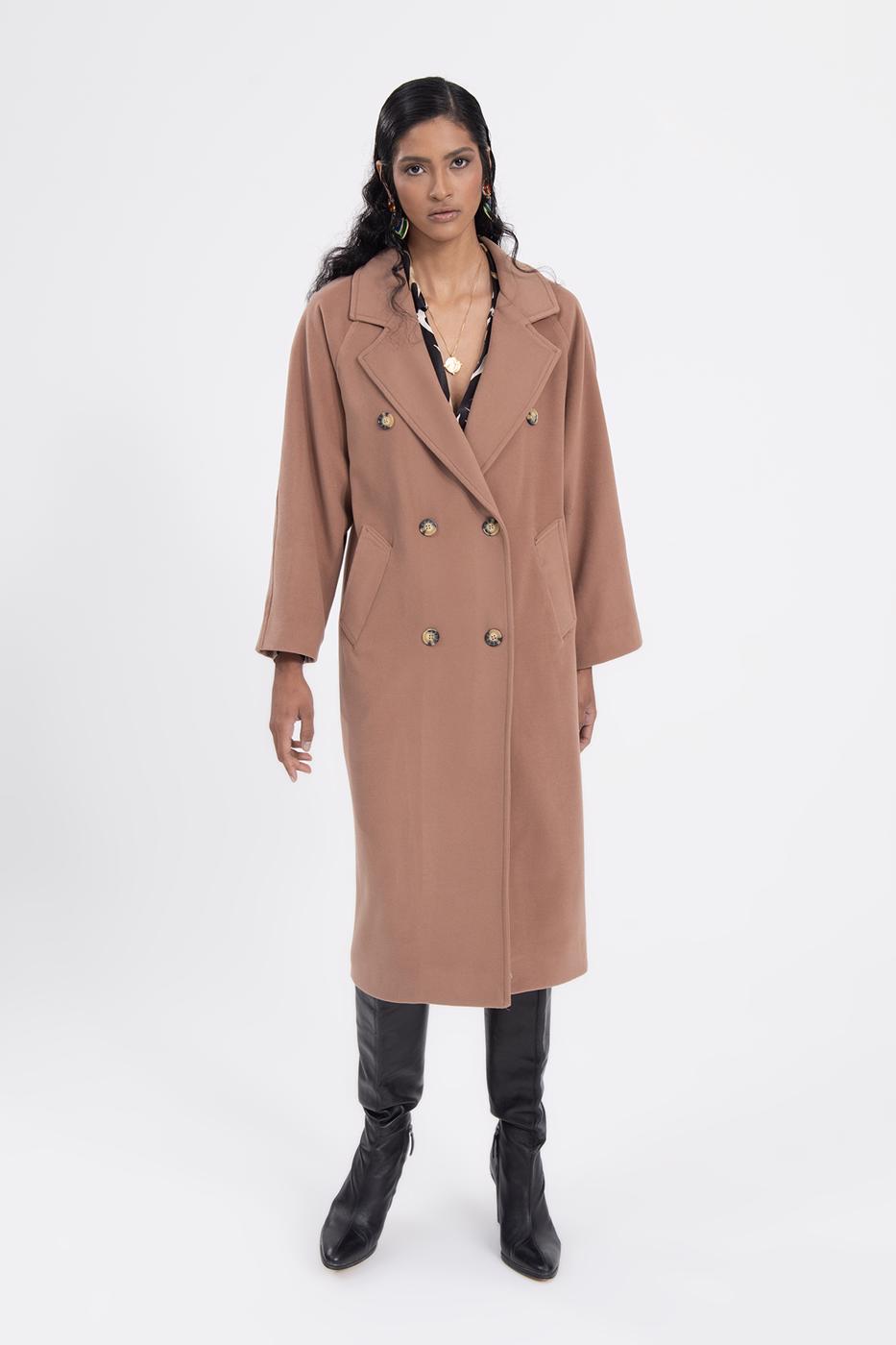 Bayan Kahverengi Ceket Yaka Düğmeli Uzun Kaban