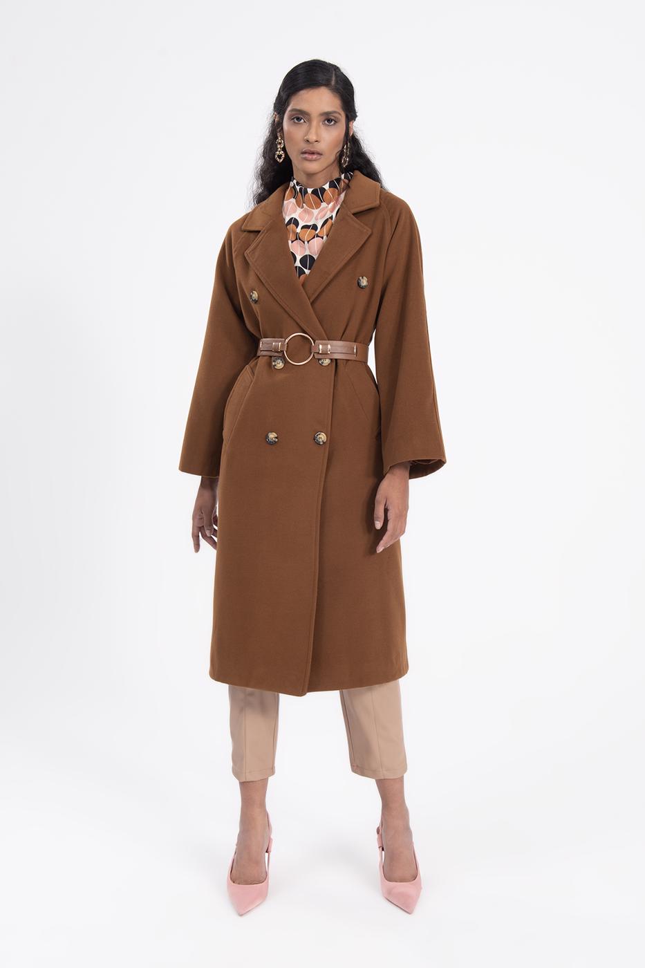 Bayan Kahverengi Ceket Yaka Düğmeli Uzun Kaban