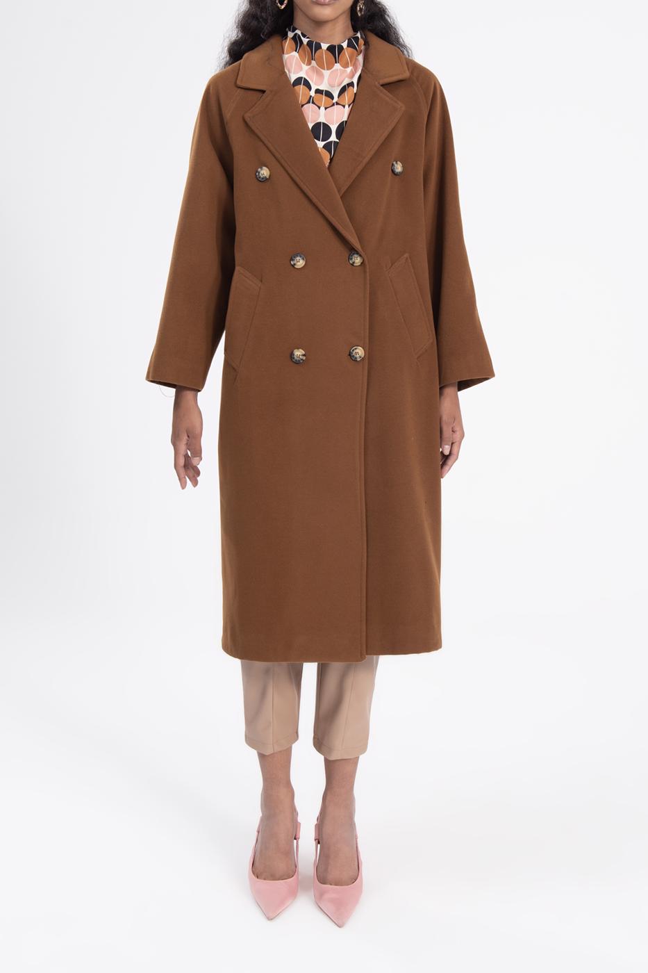 Bayan Kahverengi Ceket Yaka Düğmeli Uzun Kaban