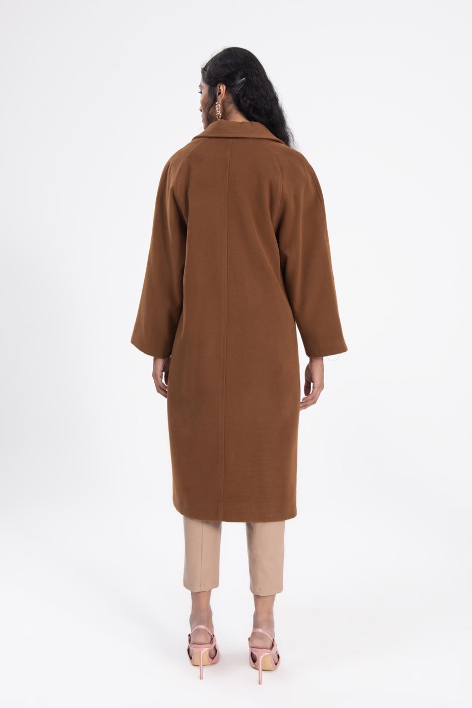 Bayan Kahverengi Ceket Yaka Düğmeli Uzun Kaban