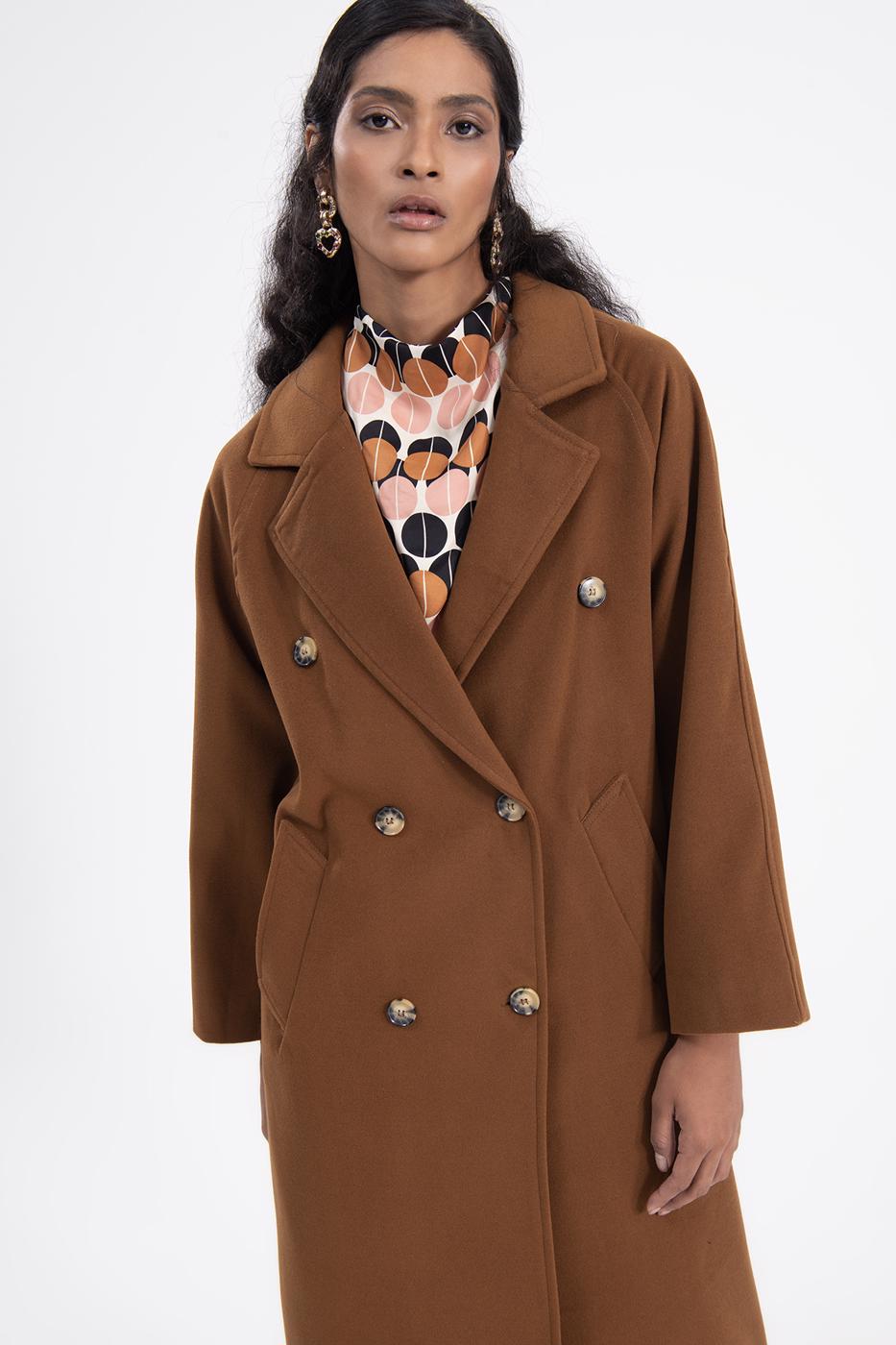 Bayan Kahverengi Ceket Yaka Düğmeli Uzun Kaban