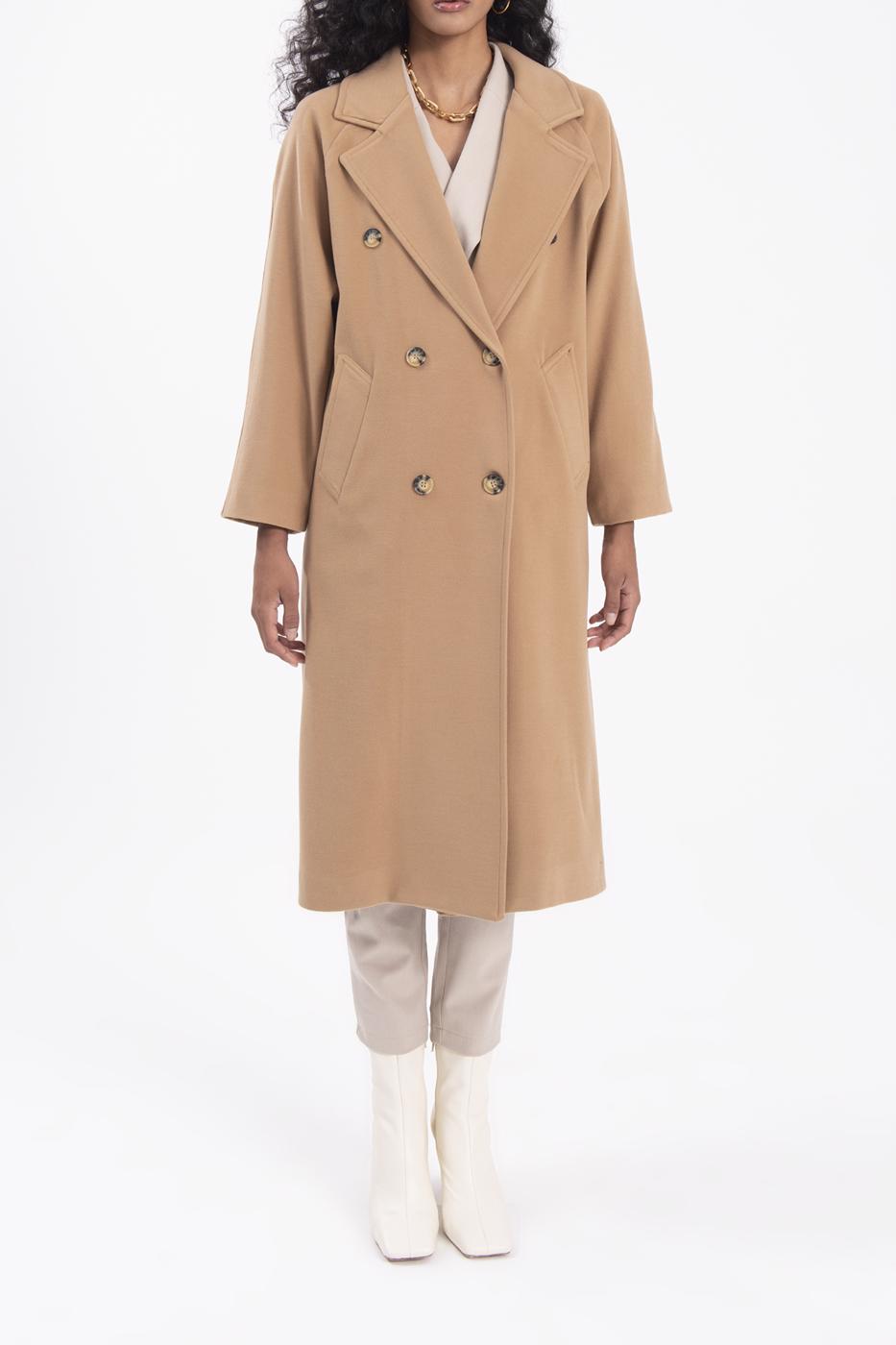 Bayan Camel Ceket Yaka Düğmeli Uzun Kaban