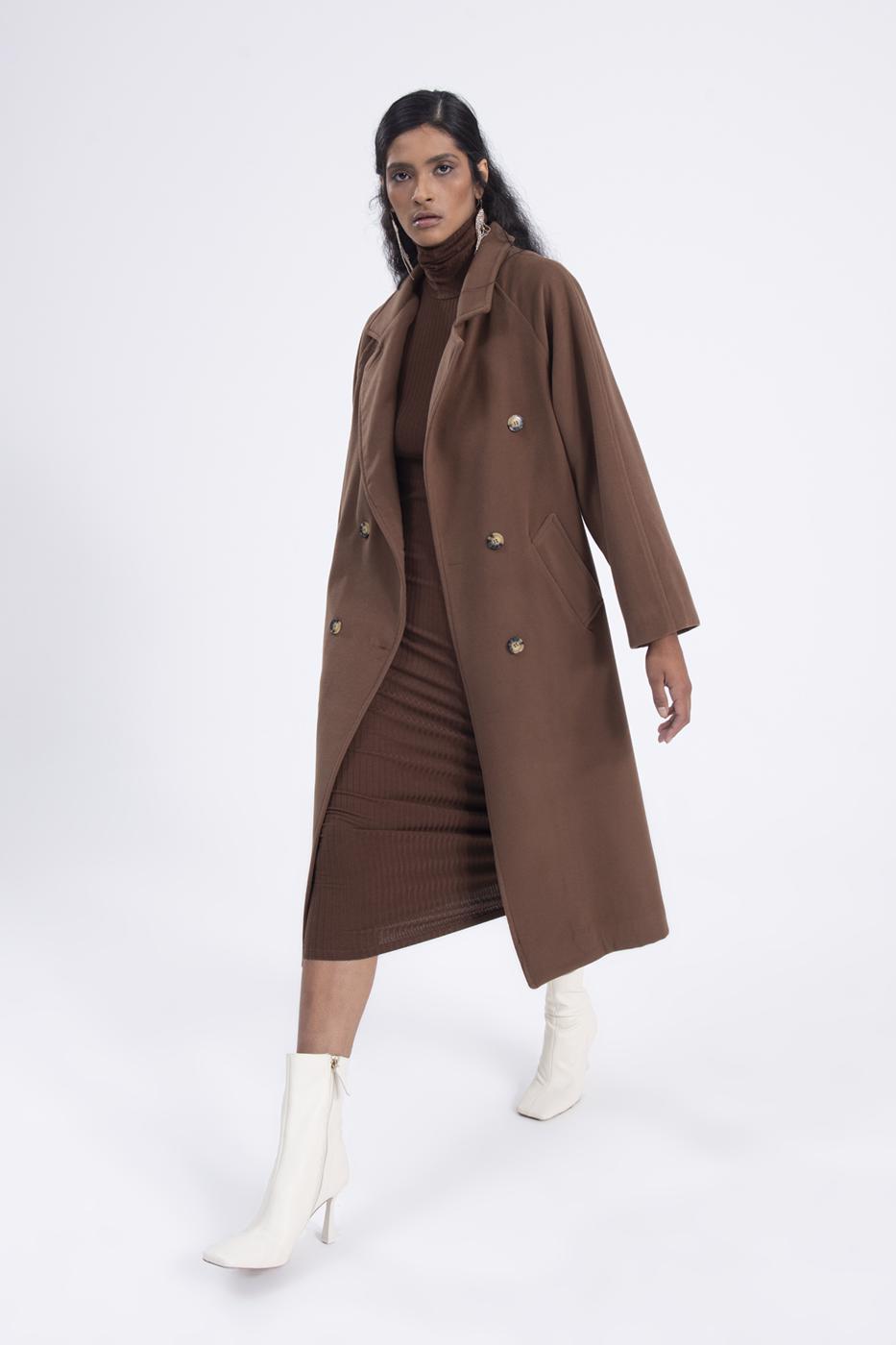 Bayan Kahverengi Ceket Yaka Düğmeli Uzun Kaban