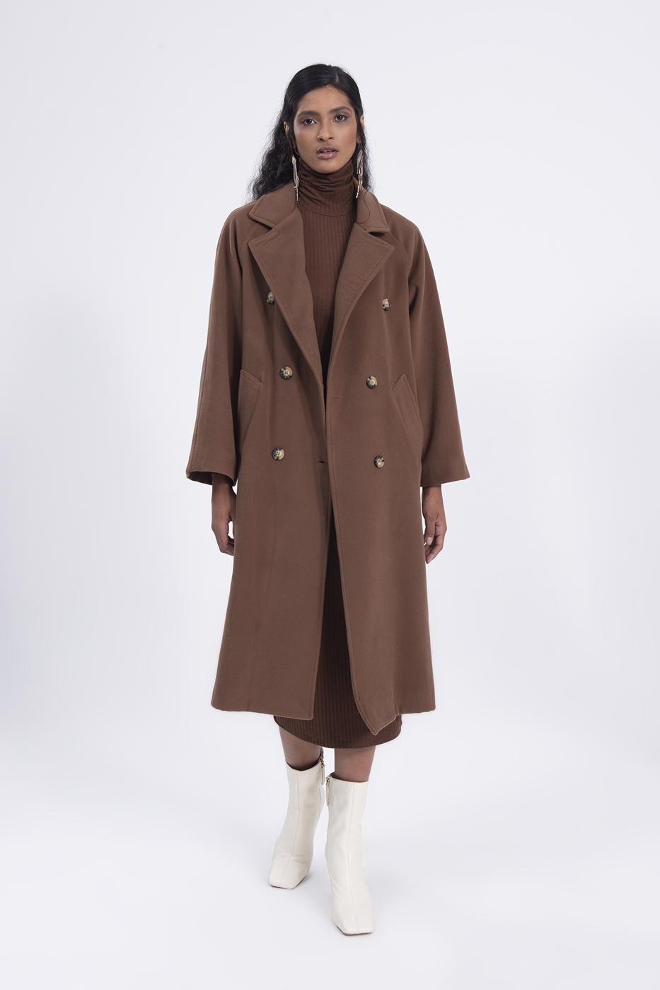 Bayan Kahverengi Ceket Yaka Düğmeli Uzun Kaban