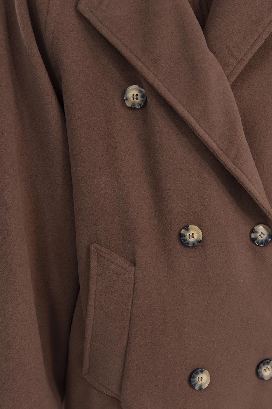 Bayan Kahverengi Ceket Yaka Düğmeli Uzun Kaban