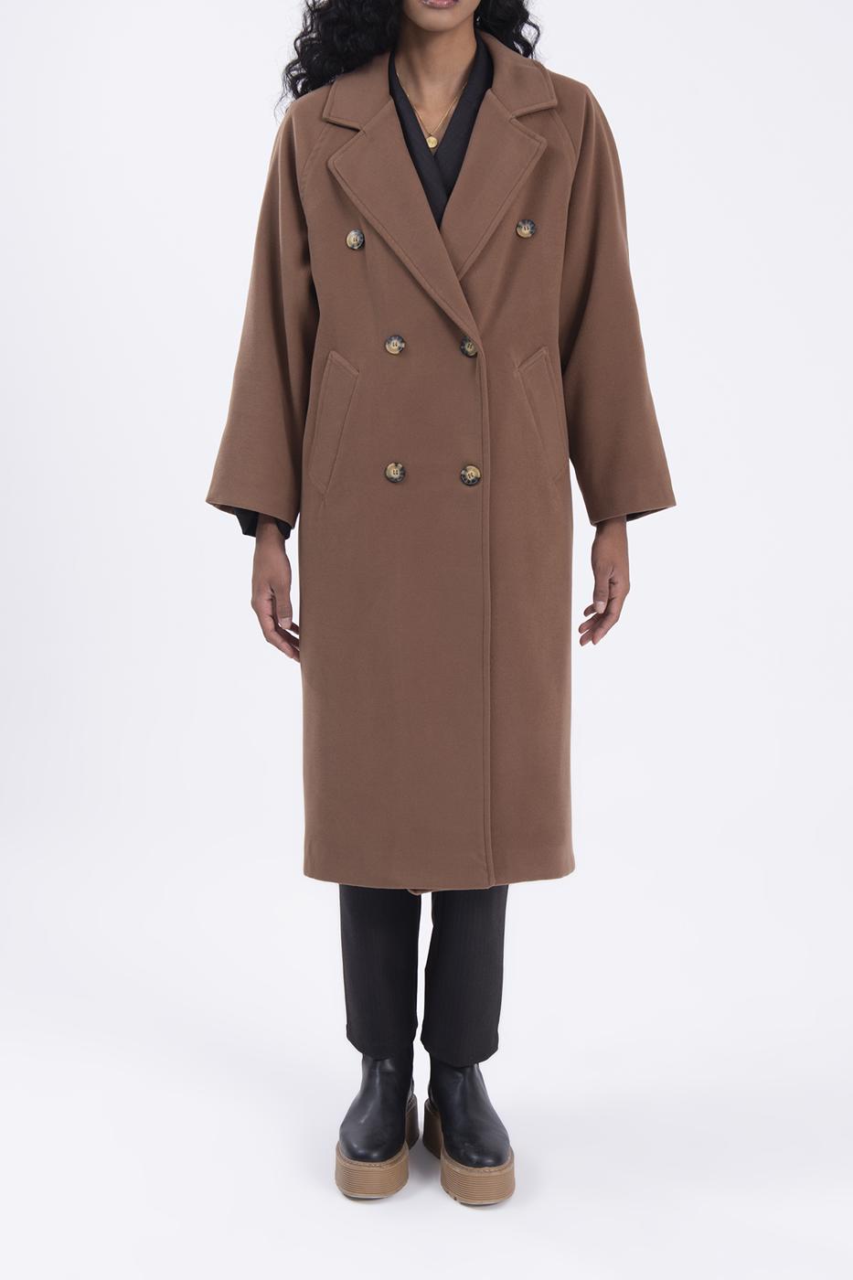 Bayan Kahverengi Ceket Yaka Düğmeli Uzun Kaban