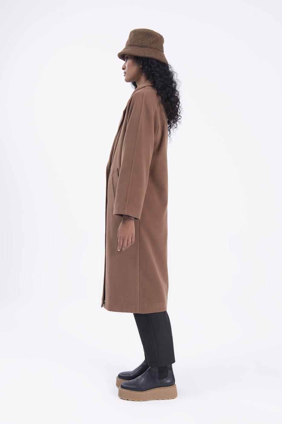 Bayan Kahverengi Ceket Yaka Düğmeli Uzun Kaban