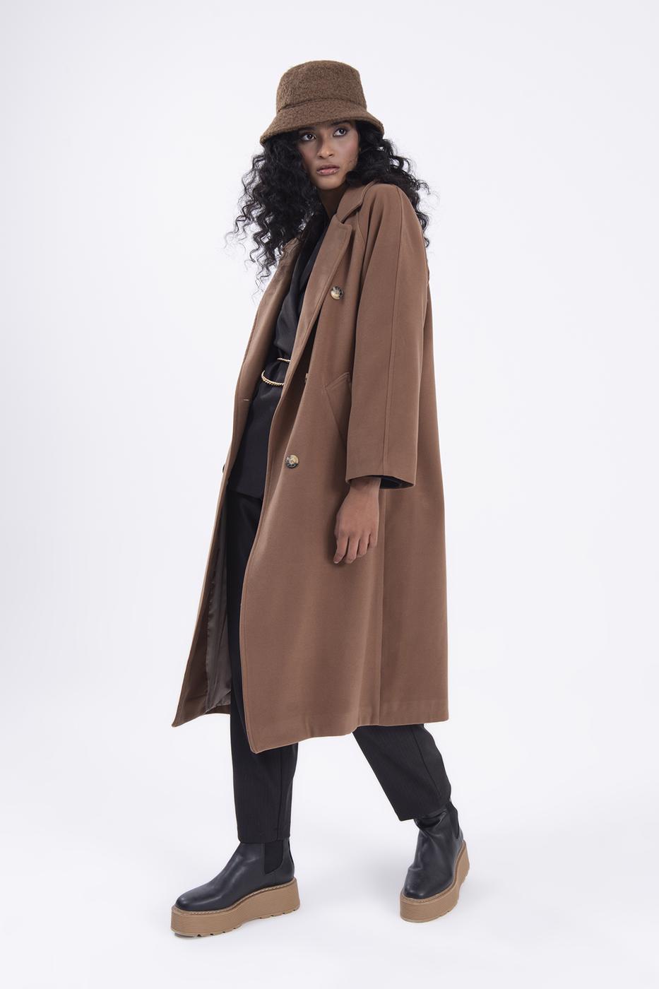 Bayan Kahverengi Ceket Yaka Düğmeli Uzun Kaban