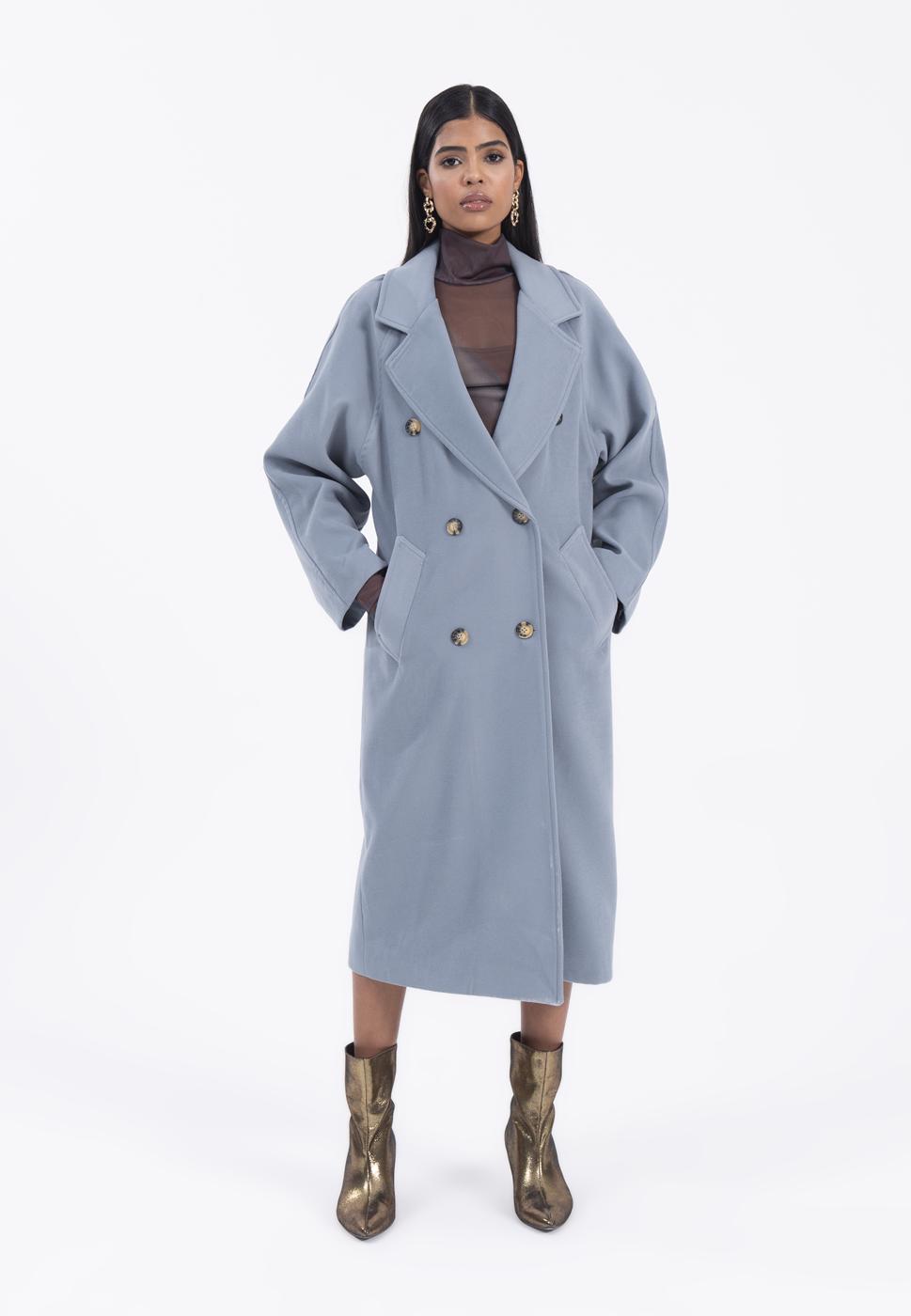 Bayan Mavi Ceket Yaka Düğmeli Uzun Kaban