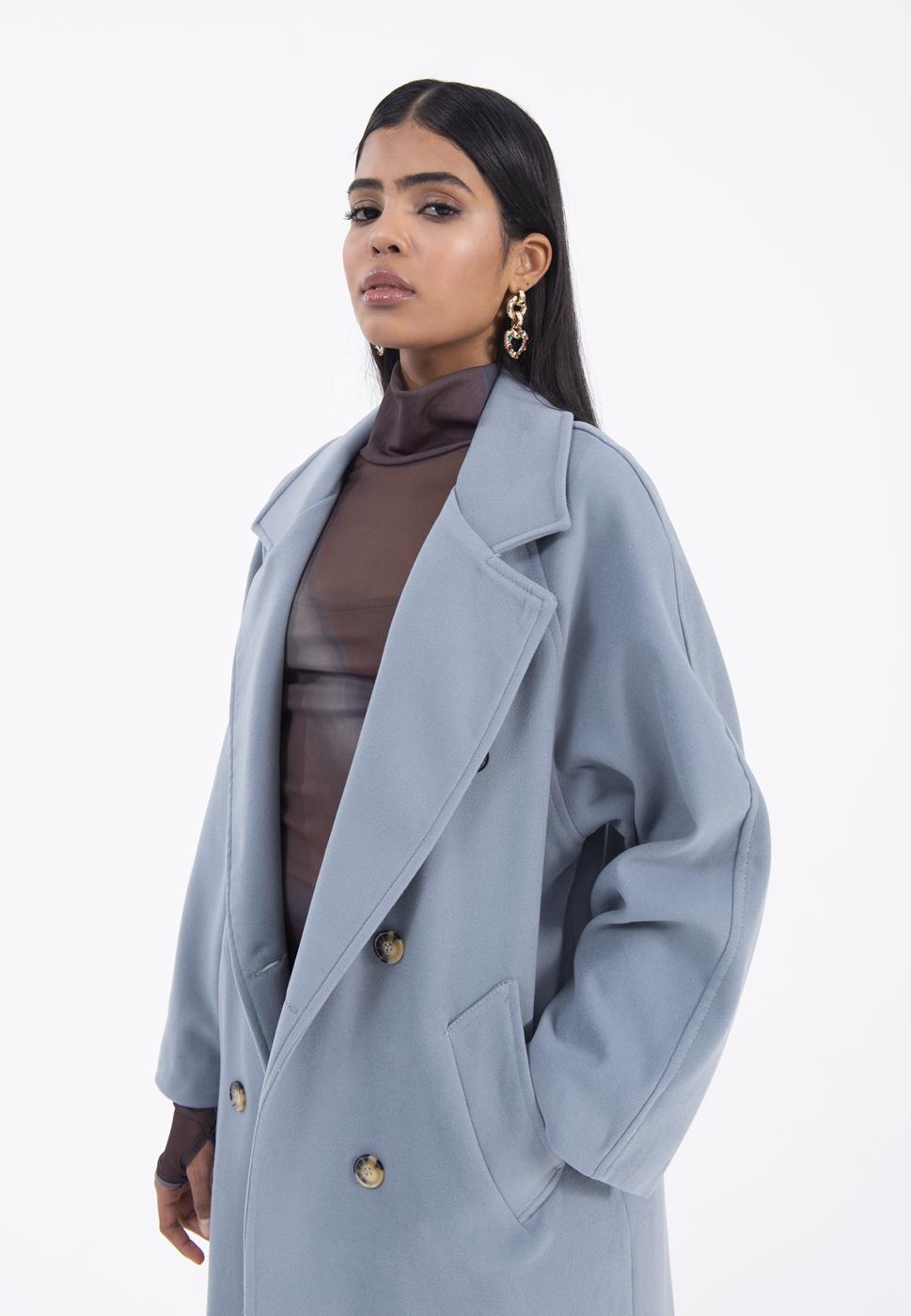 Bayan Mavi Ceket Yaka Düğmeli Uzun Kaban