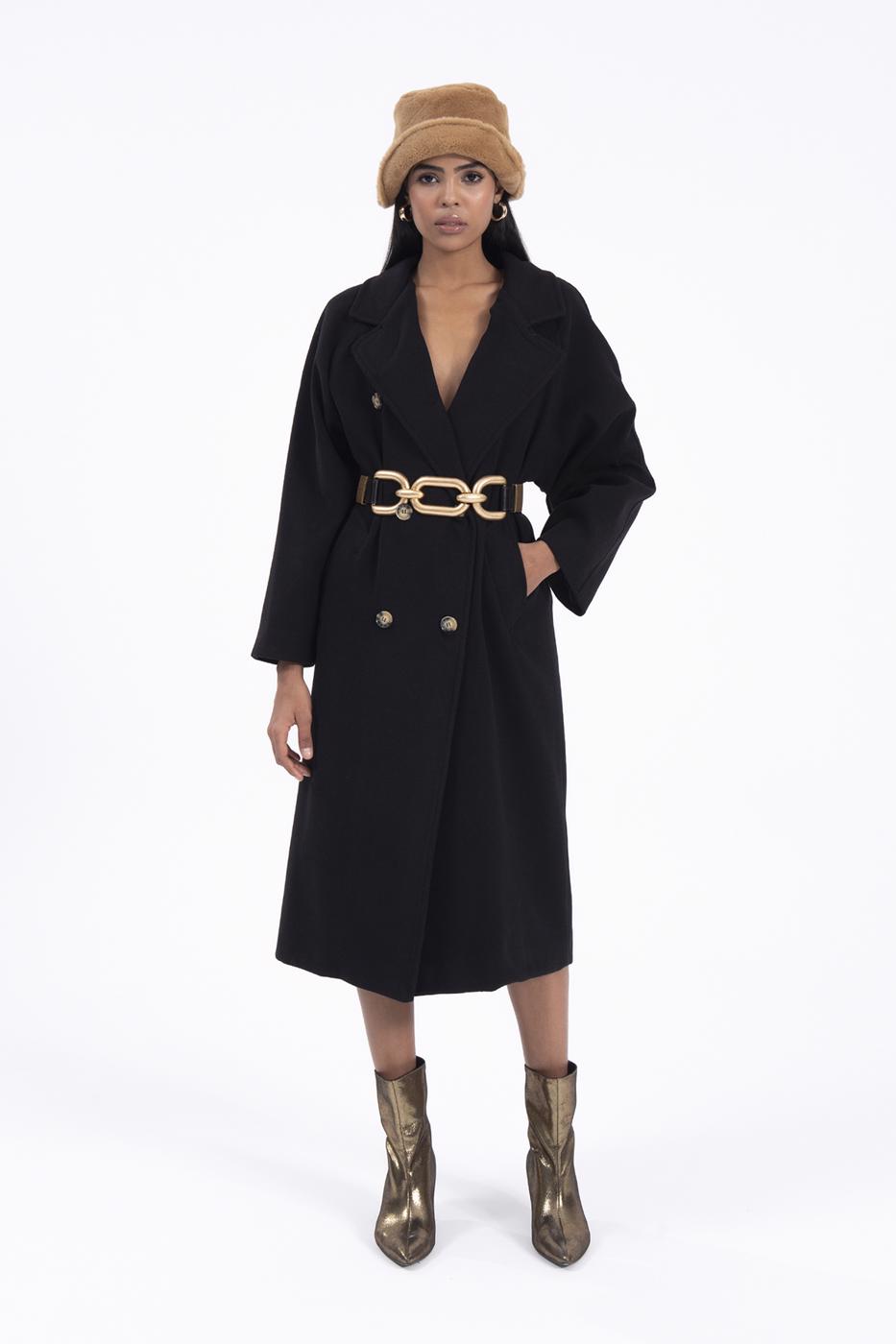 Bayan Siyah Ceket Yaka Düğmeli Uzun Kaban