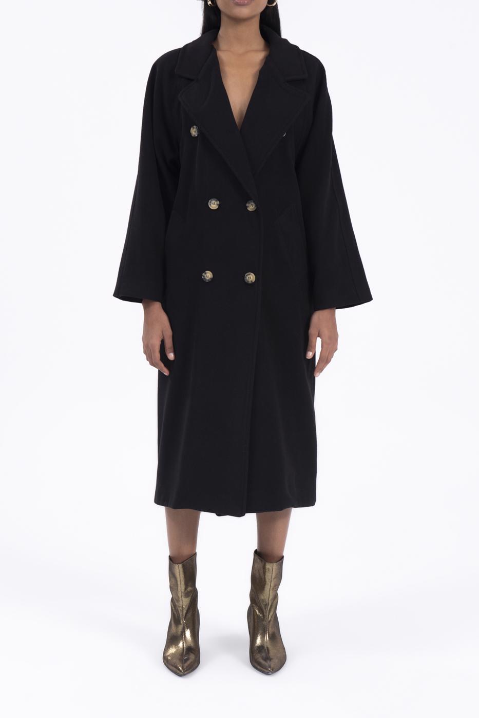 Bayan Siyah Ceket Yaka Düğmeli Uzun Kaban