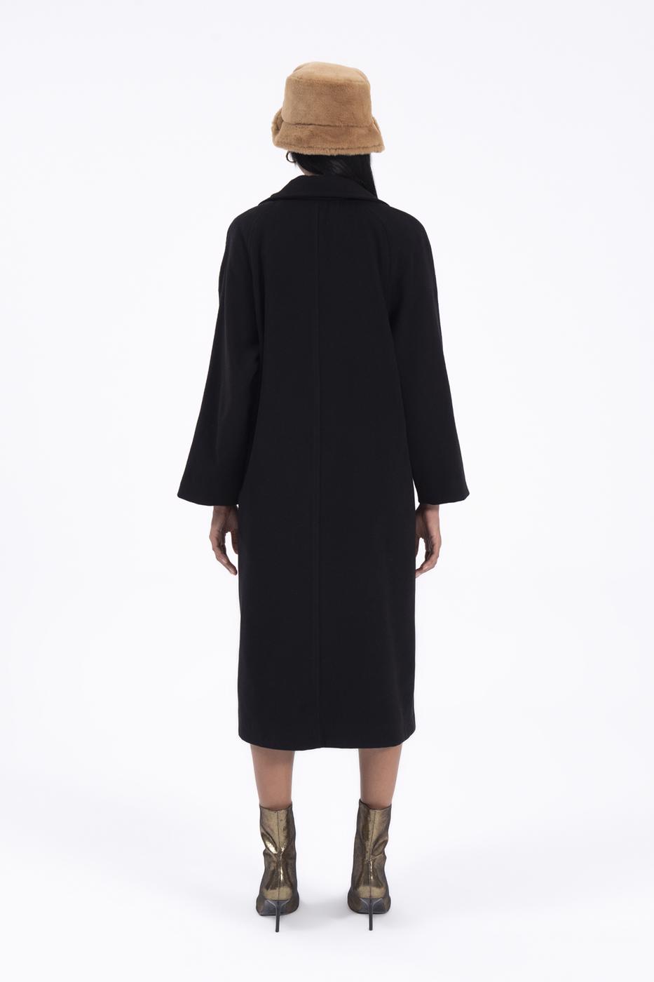 Bayan Siyah Ceket Yaka Düğmeli Uzun Kaban