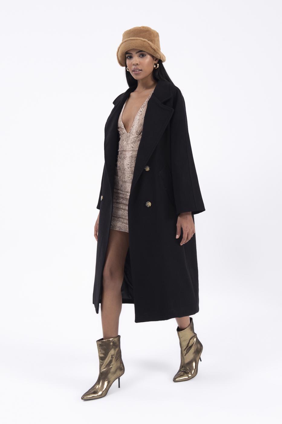 Bayan Siyah Ceket Yaka Düğmeli Uzun Kaban