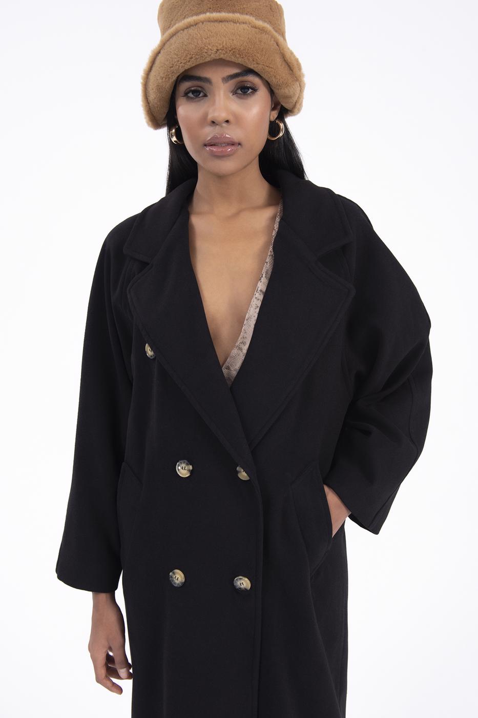 Bayan Siyah Ceket Yaka Düğmeli Uzun Kaban