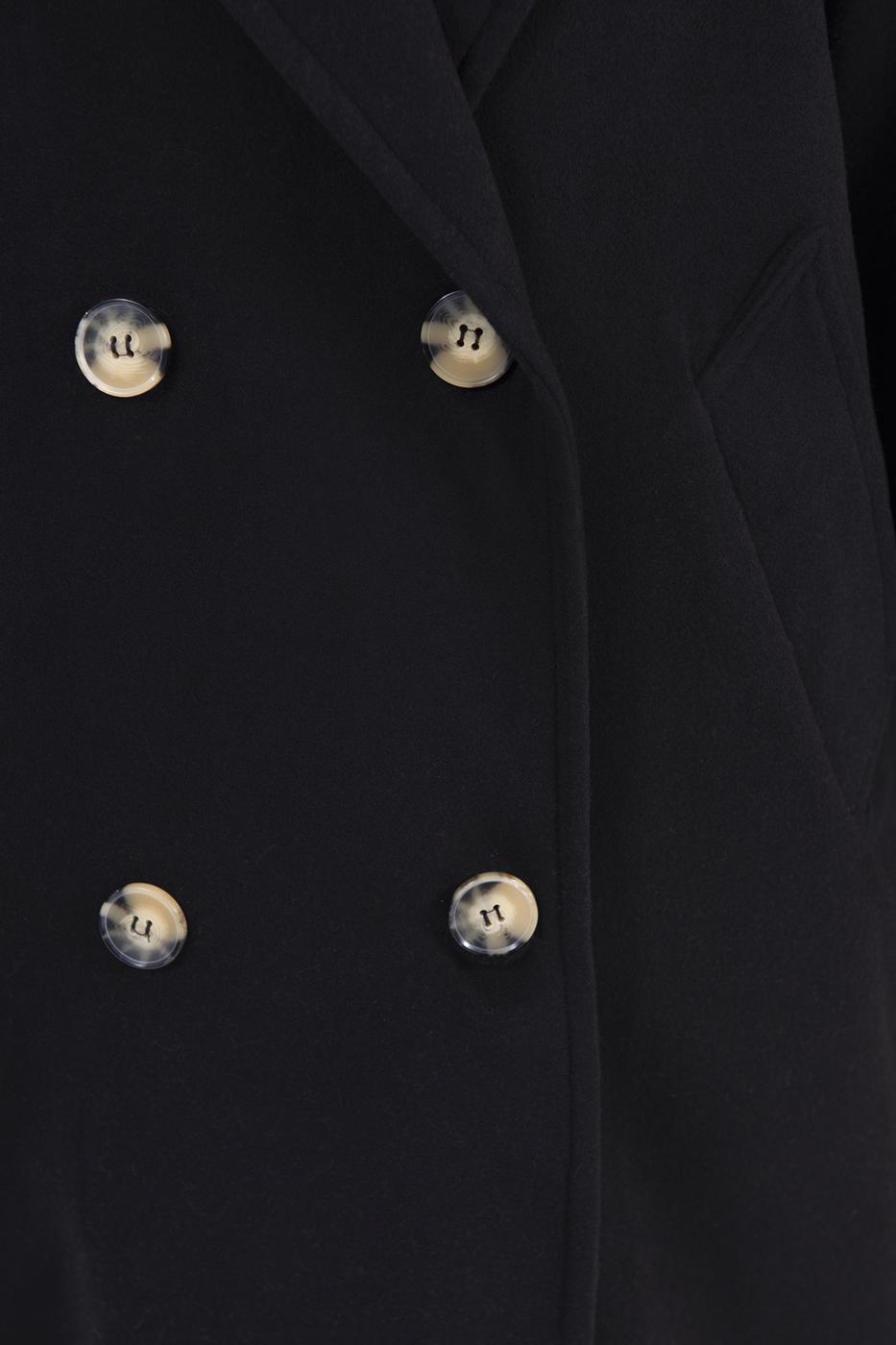 Bayan Siyah Ceket Yaka Düğmeli Uzun Kaban