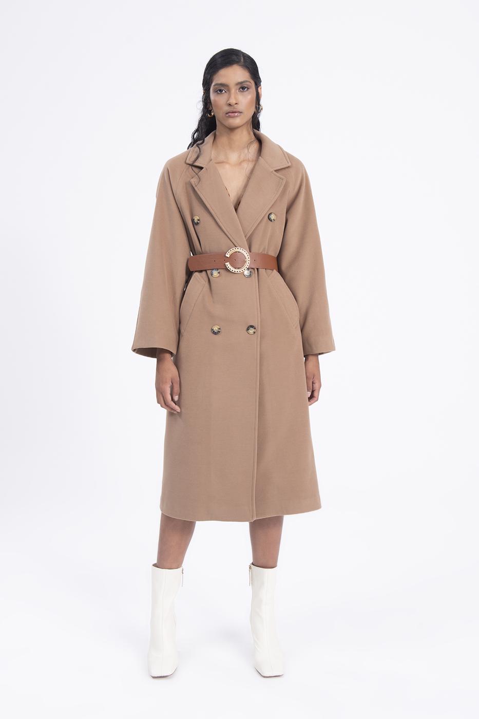 Bayan Kahverengi Ceket Yaka Düğmeli Uzun Kaban