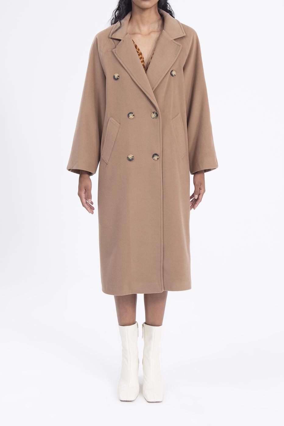 Bayan Kahverengi Ceket Yaka Düğmeli Uzun Kaban