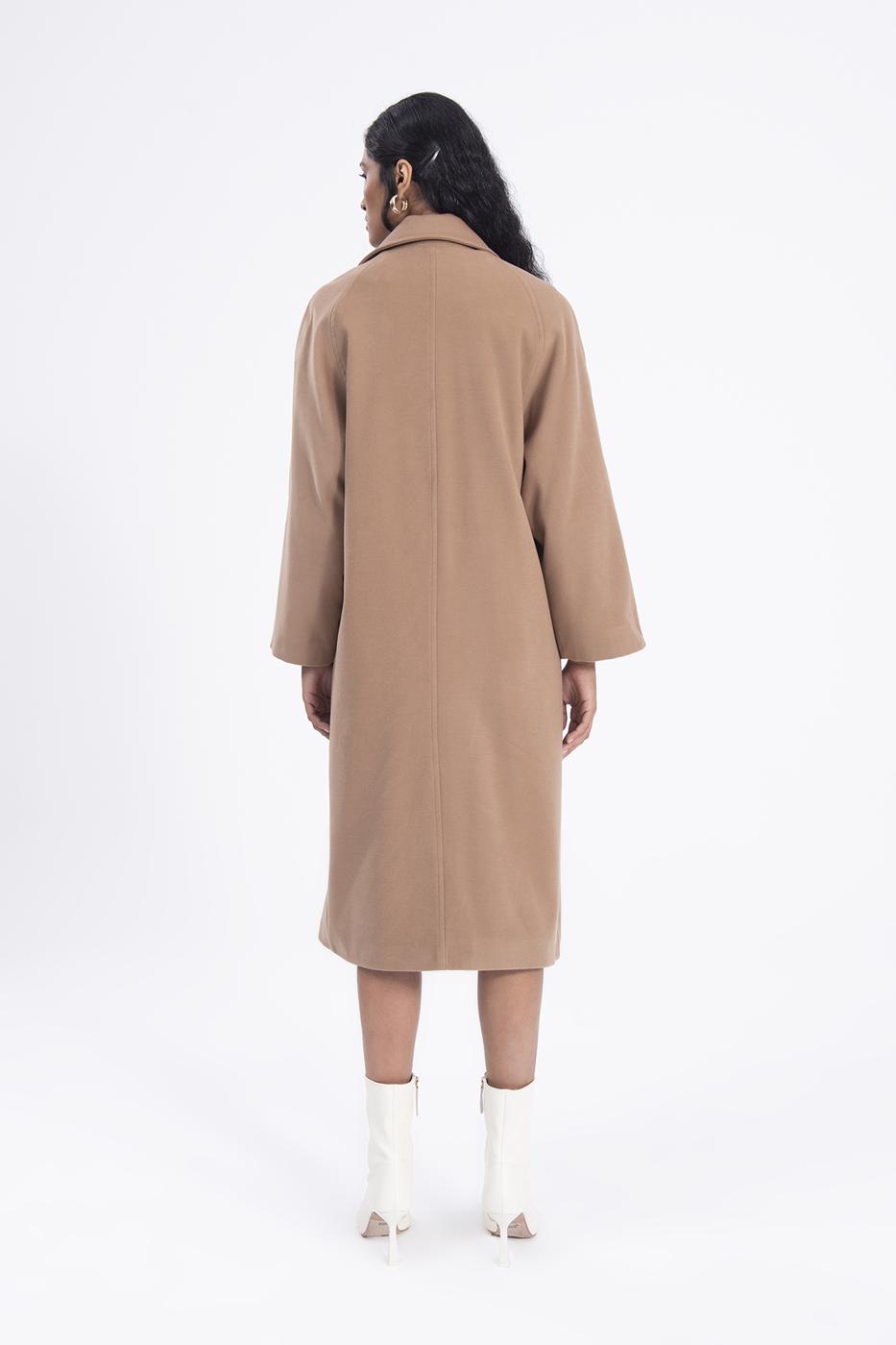 Bayan Kahverengi Ceket Yaka Düğmeli Uzun Kaban