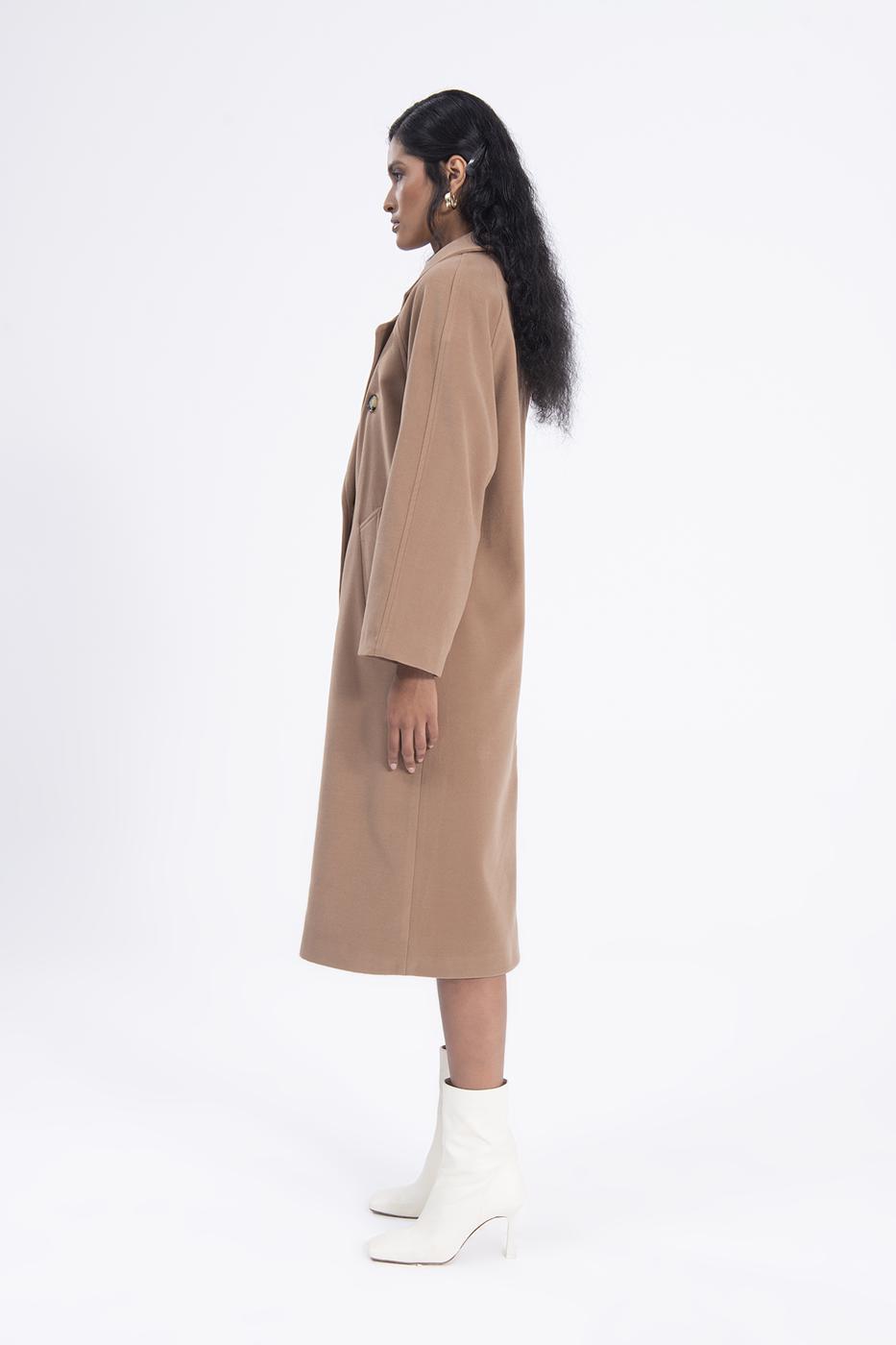 Bayan Kahverengi Ceket Yaka Düğmeli Uzun Kaban