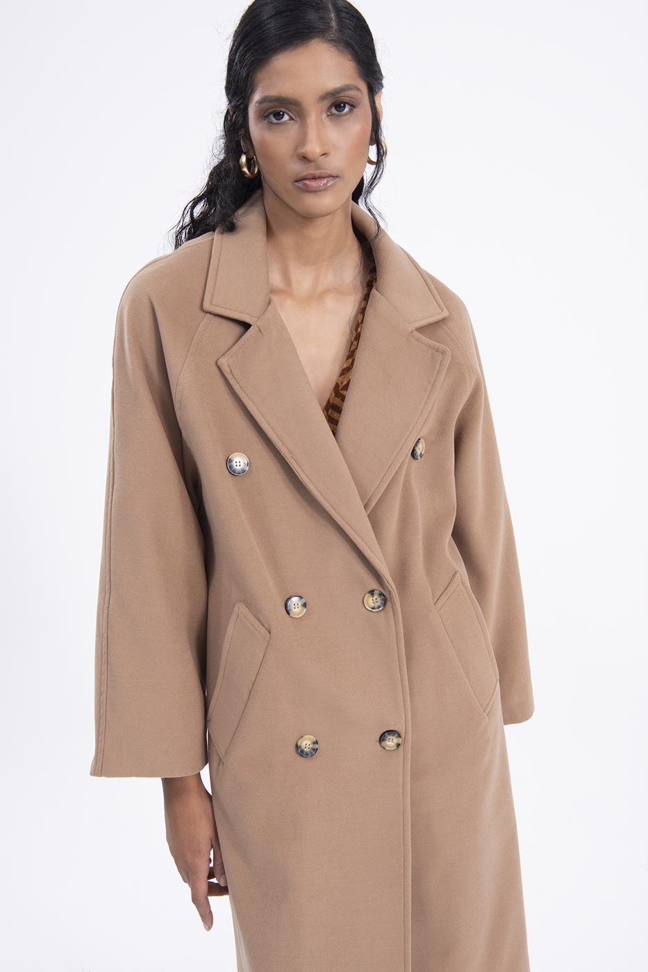 Bayan Kahverengi Ceket Yaka Düğmeli Uzun Kaban