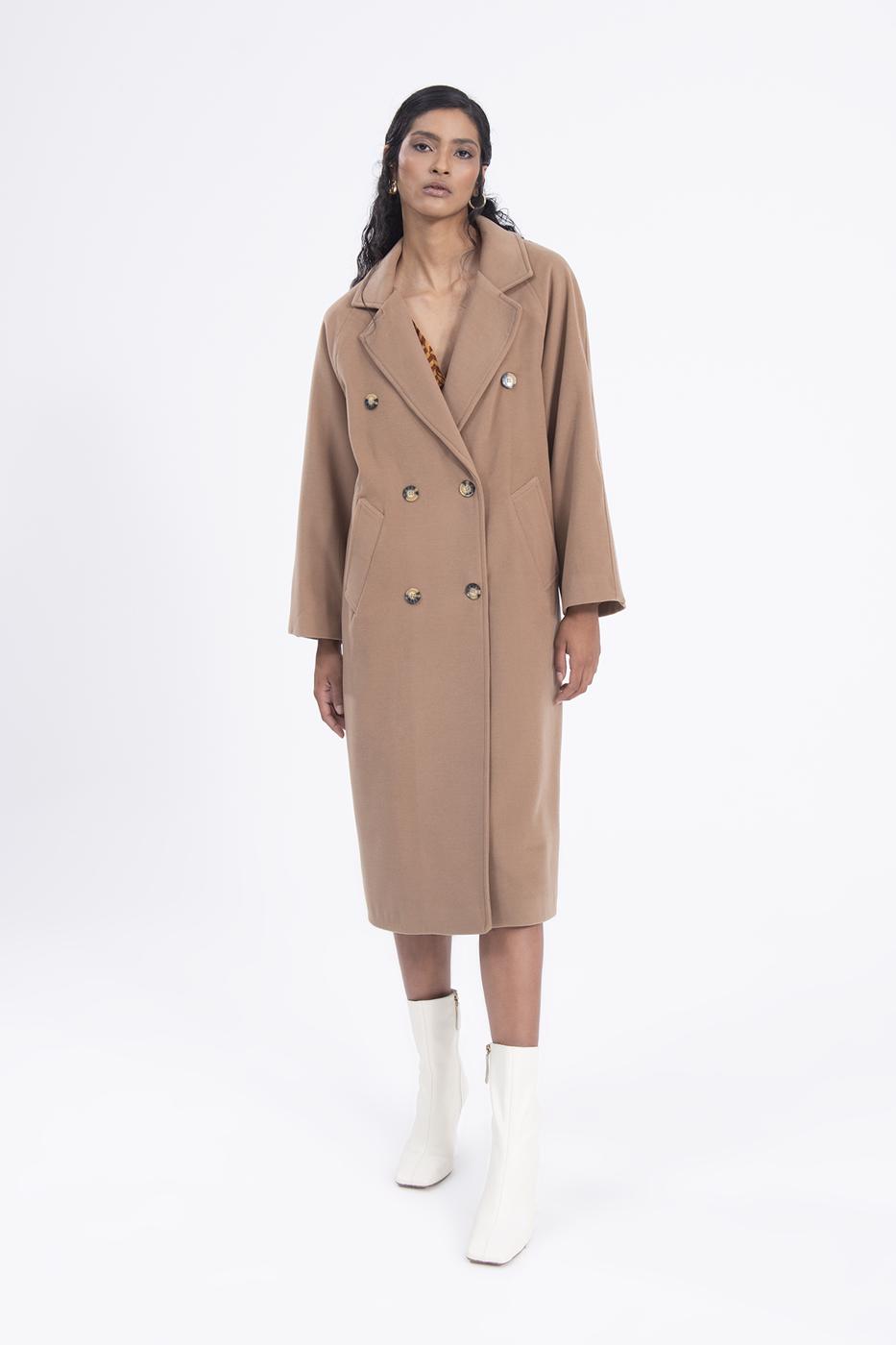 Bayan Kahverengi Ceket Yaka Düğmeli Uzun Kaban