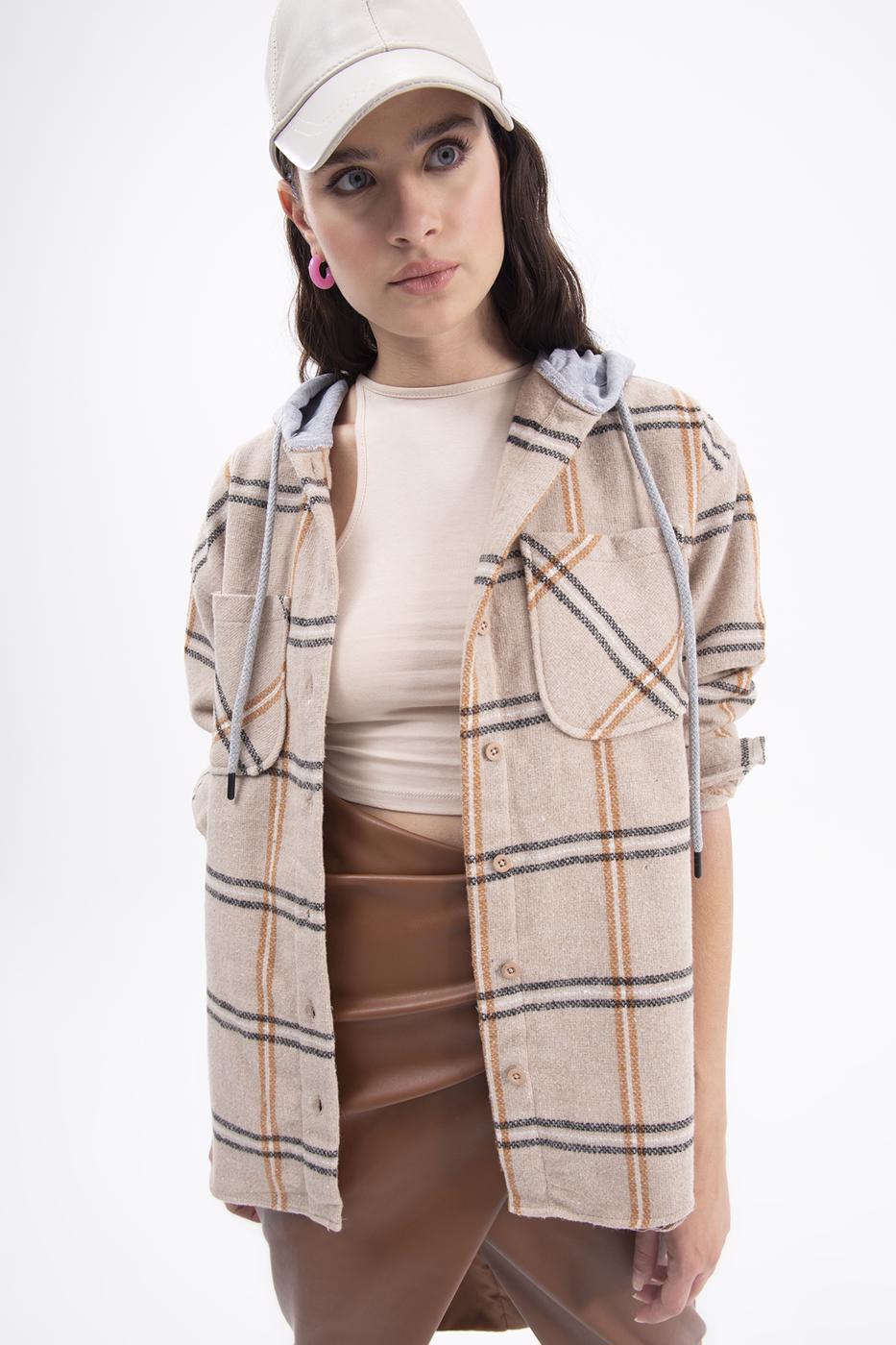 Bayan Bej Kapüşonlu Ekoseli Kalın Gömlek Ceket