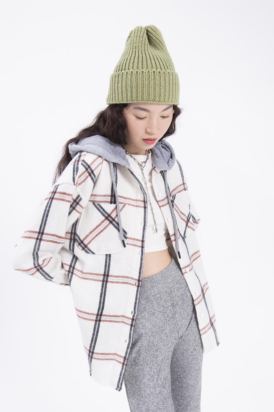 Bayan Ekru Kapüşonlu Ekoseli Kalın Gömlek Ceket