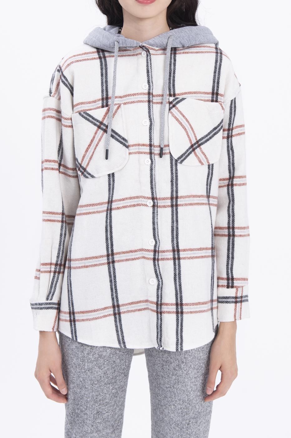 Bayan Ekru Kapüşonlu Ekoseli Kalın Gömlek Ceket