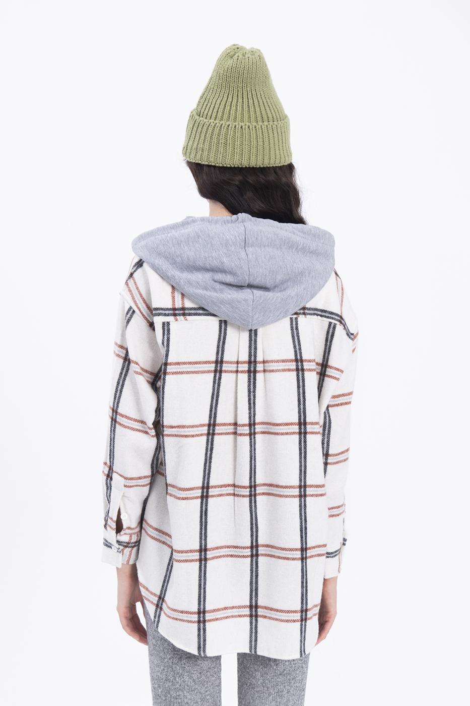 Bayan Ekru Kapüşonlu Ekoseli Kalın Gömlek Ceket