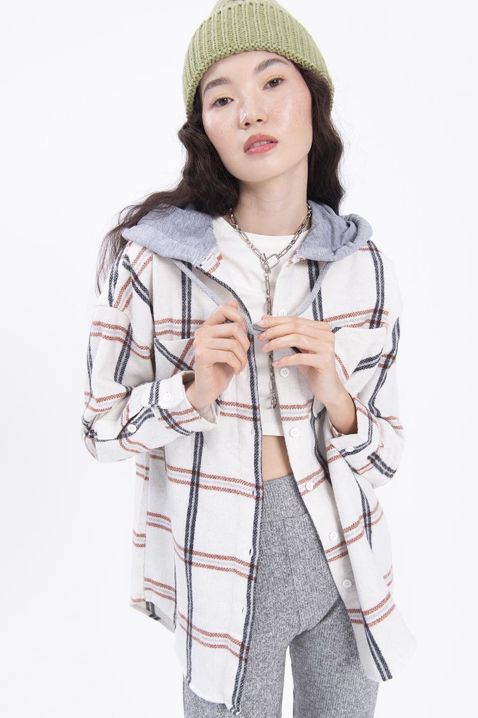 Bayan Ekru Kapüşonlu Ekoseli Kalın Gömlek Ceket