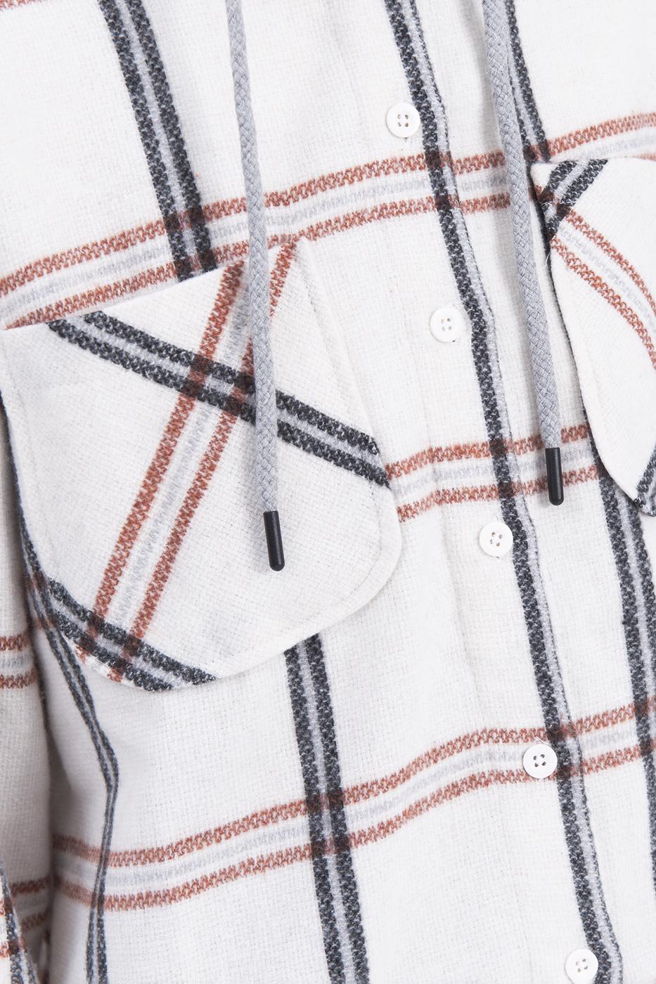 Bayan Ekru Kapüşonlu Ekoseli Kalın Gömlek Ceket