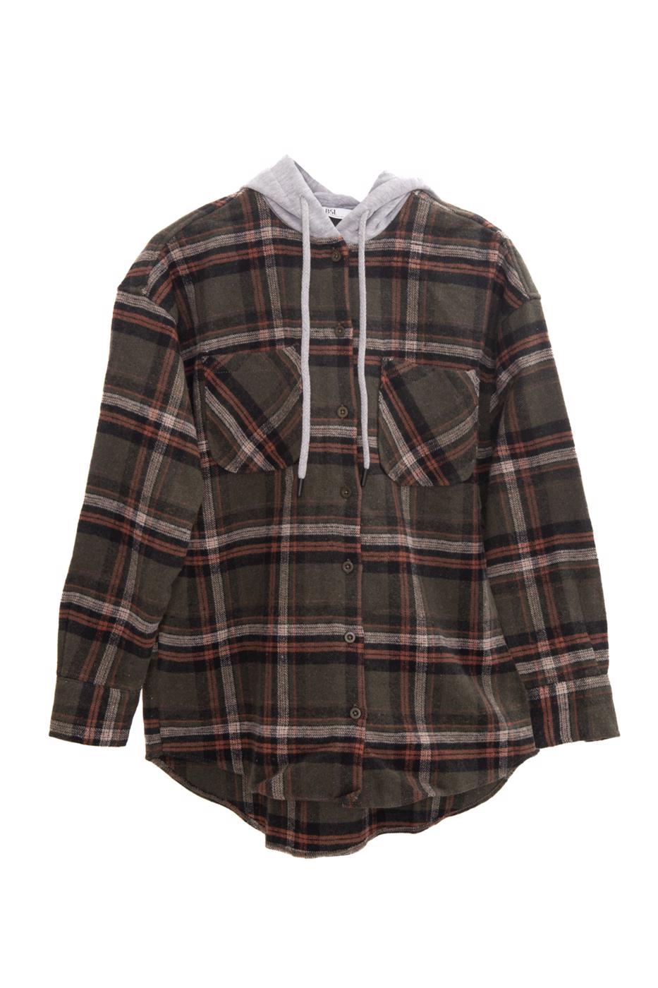 Bayan Haki Kapüşonlu Ekoseli Kalın Gömlek Ceket