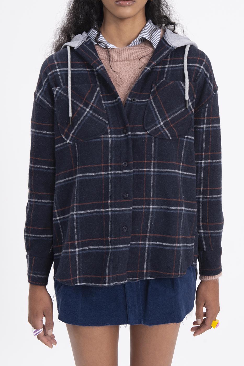 Bayan Lacivert Kapüşonlu Ekoseli Kalın Gömlek Ceket