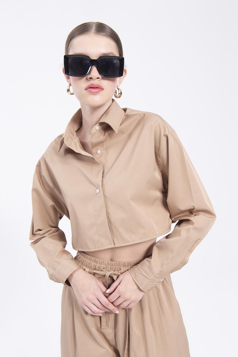 Bayan Bej Crop Gömlek